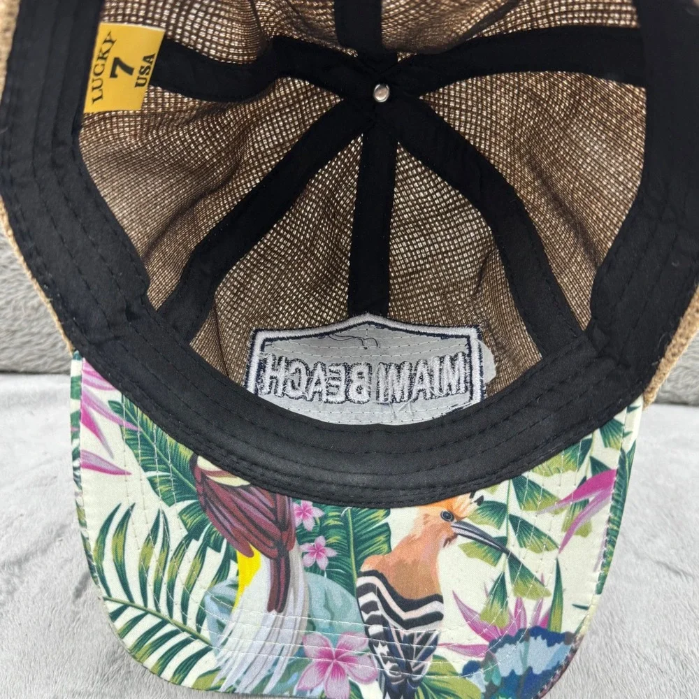 Lucky 7 USA Miami Beach Hat‎ Women Size 7 Tan Tropical Floral Excellent Burlap